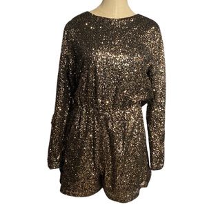 BOOHOO GOLD SEQUINS PLUNGING BACK ROMPER SHORTS SIZE 8